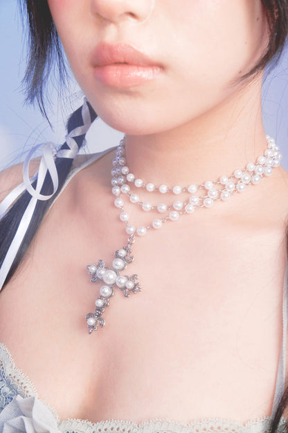 SILVER PEARL CROSS NECKLACE - OHTNYC