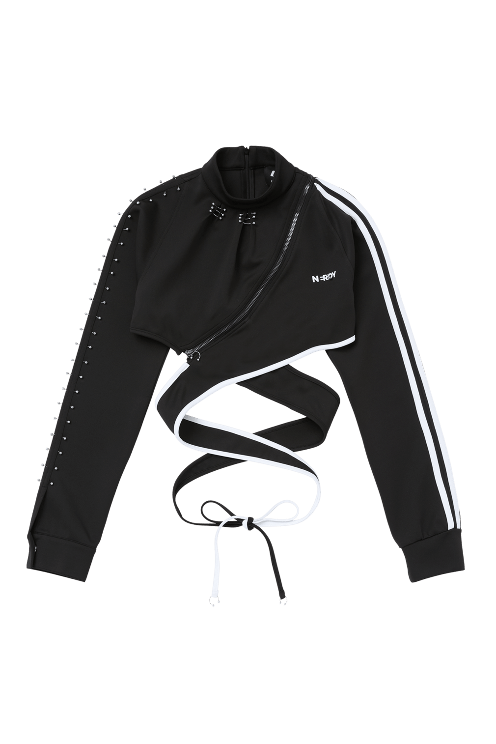 BLACK WRAP TIE ASYMMETRICAL TRACK JACKET