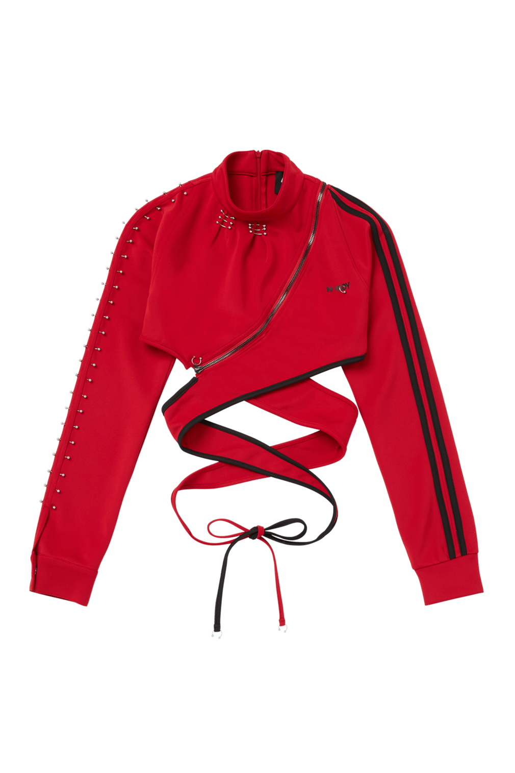 RED WRAP TIE ASYMMETRICAL TRACK JACKET